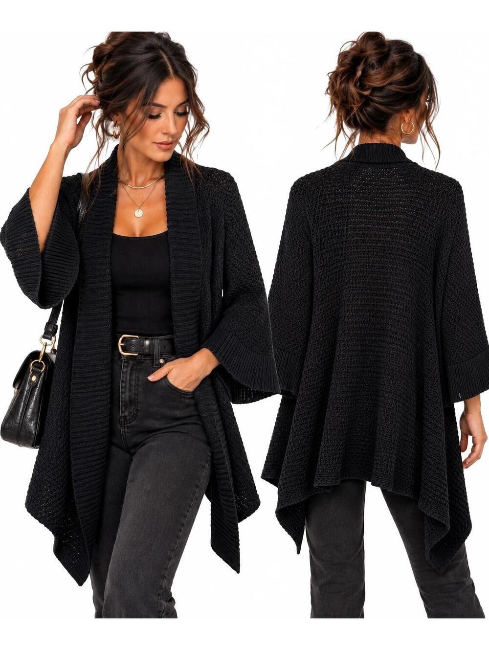 Chico’s Size 1 Black Open Knit Waterfall Cardigan Bell Sleeve Cotton